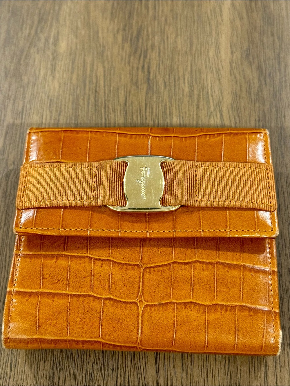 Vintage Salvatore Ferragamo Croc-Embossed Vara Bow Leather French Wallet